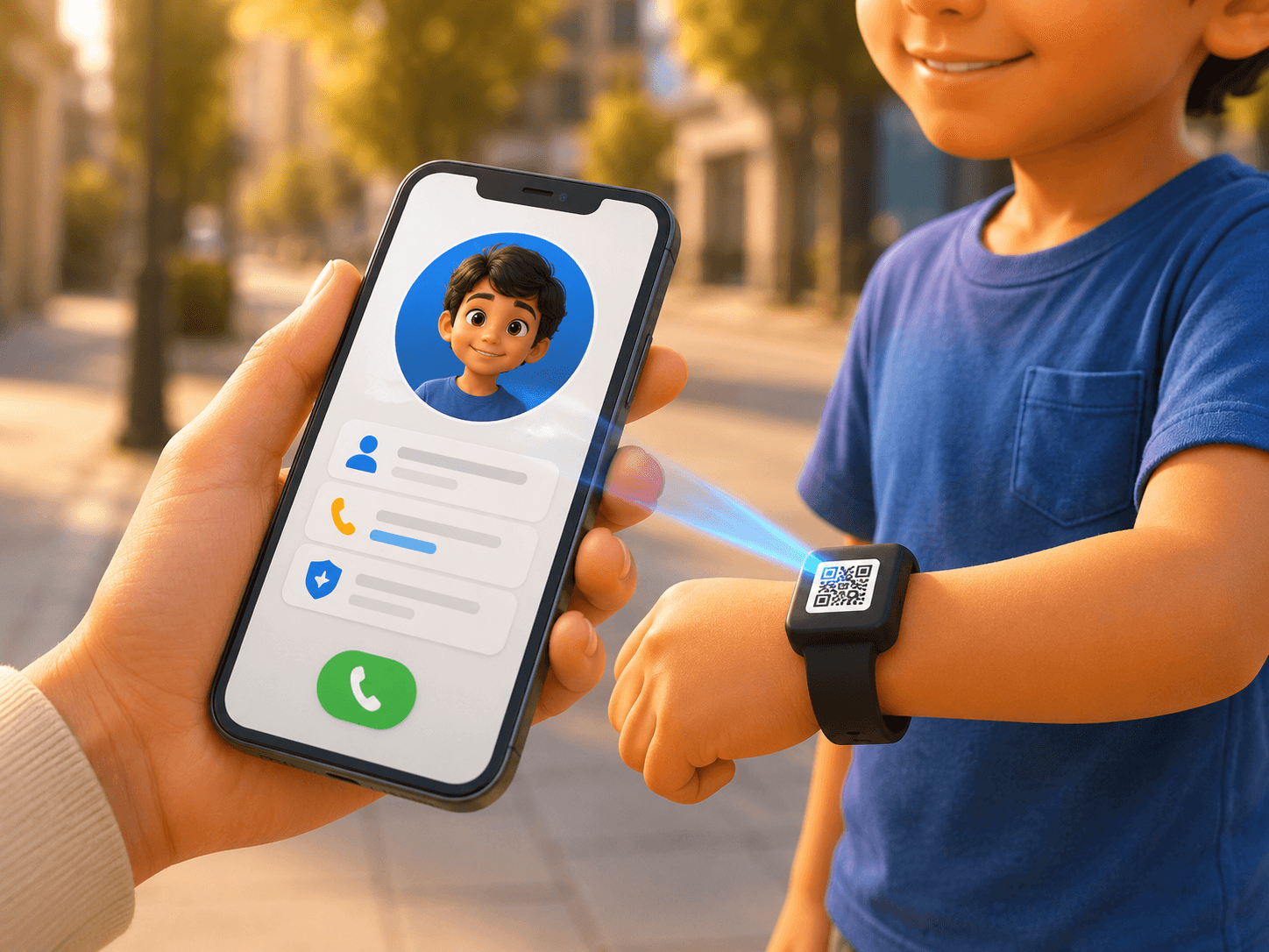 Celular escaneando o QR Code da pulseira no pulso de uma criança