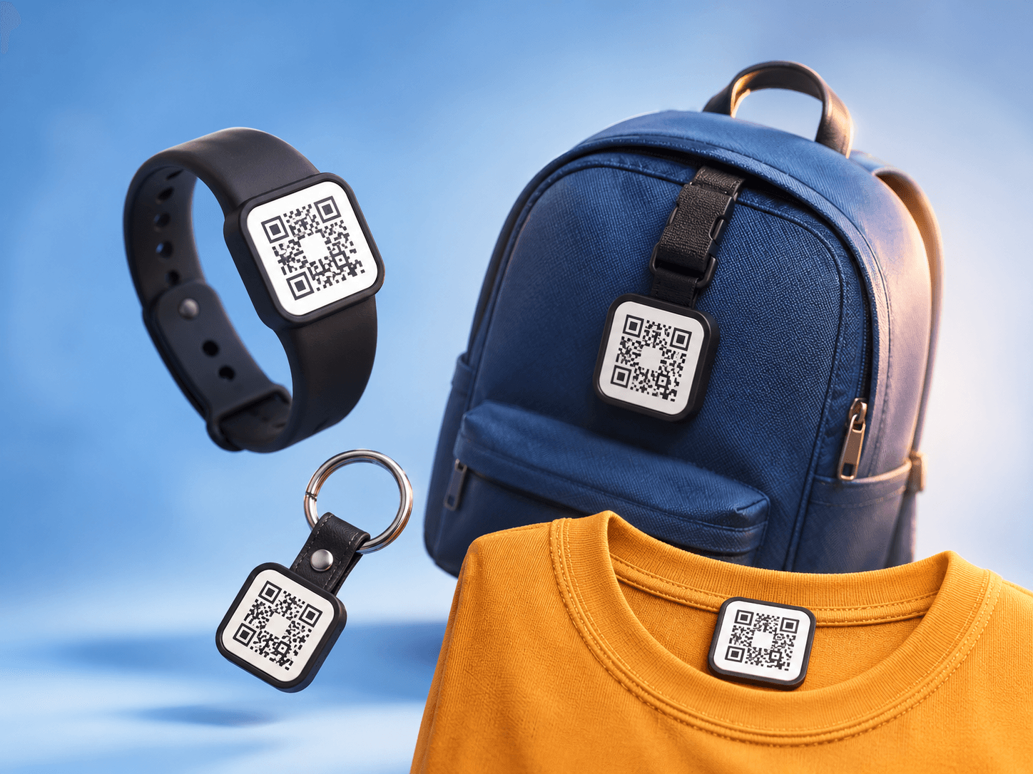 Pulseira, tag de mochila, chaveiro e etiqueta de camiseta com QR Code